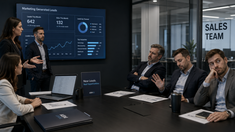 Why Sales Ignore Marketing Leads — and How to Fix the Handoff visual showing target accounts, buying group signals and pipeline progression.