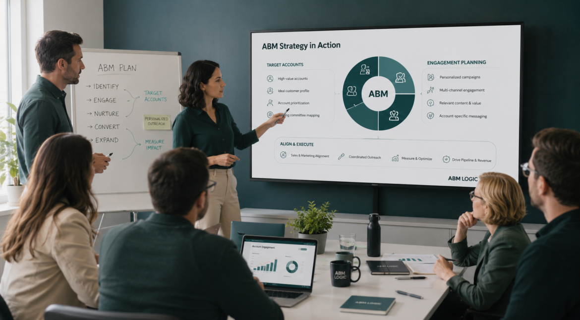 ABM Implementation: The Practical Process for B2B Teams visual showing target accounts, buying group signals and pipeline progression.