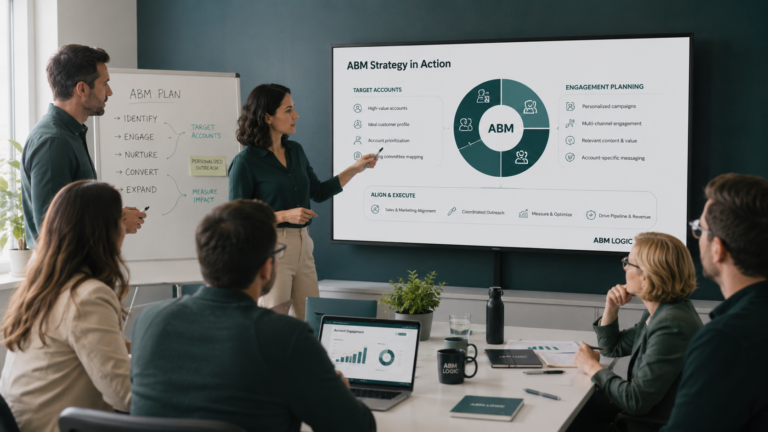 ABM Implementation: The Practical Process for B2B Teams visual showing target accounts, buying group signals and pipeline progression.