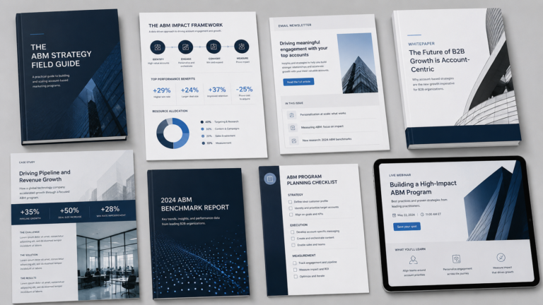 How to Build ABM Content That Supports Pipeline Progression visual showing target accounts, buying group signals and pipeline progression.