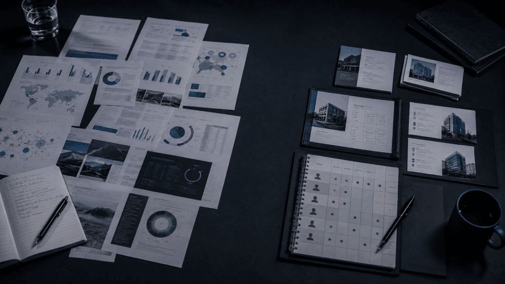 Printed marketing charts beside a tablet on a desk