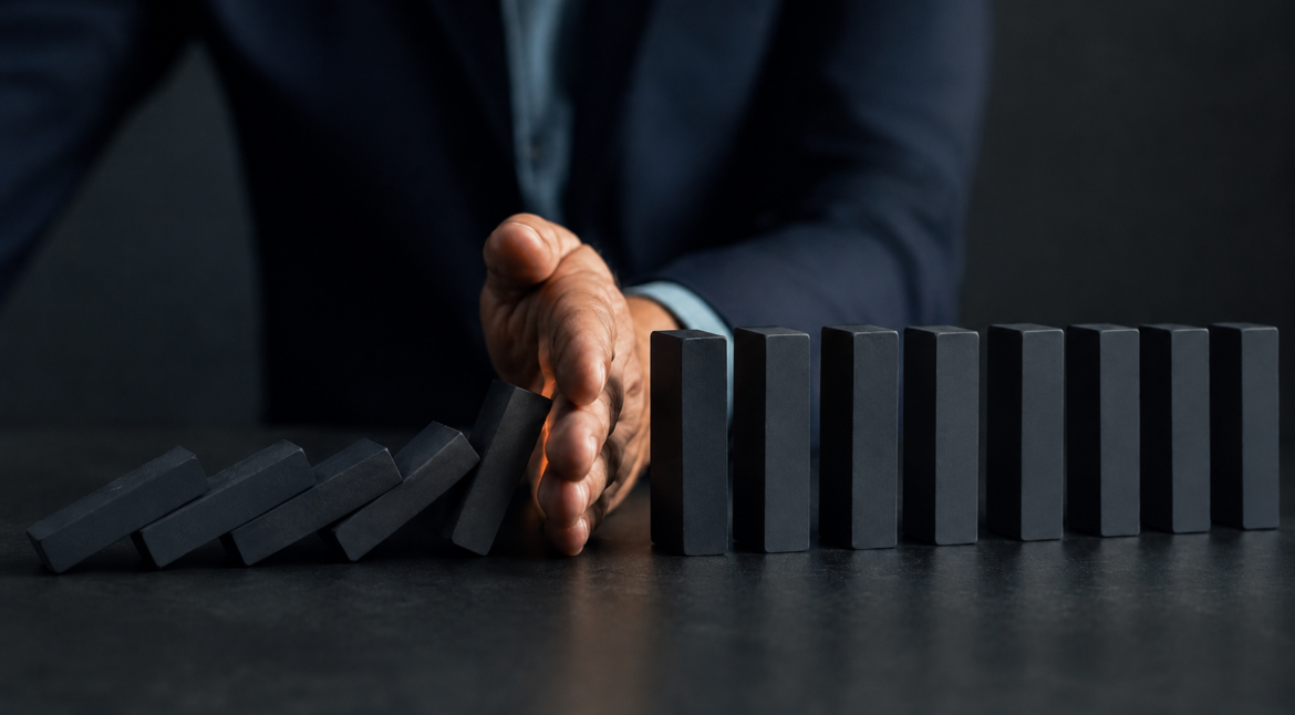 A hand stopping falling dominoes, symbolising structured control over marketing risk in complex B2B sales.