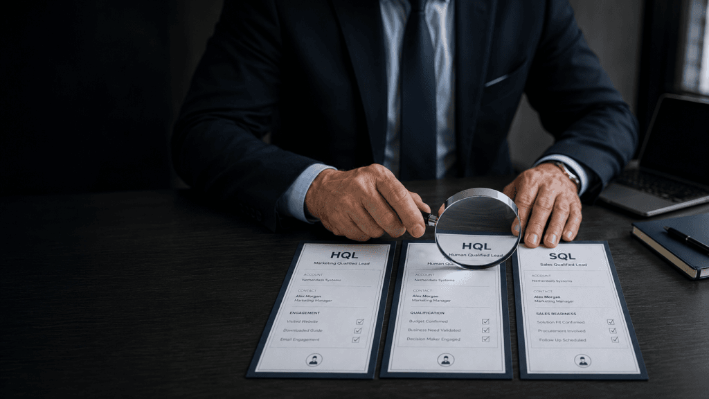 Magnifying glass inspecting account-based lead signals for MQL, HQL and SQL qualification.