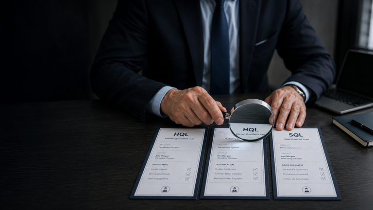 Magnifying glass inspecting account-based lead signals for MQL, HQL and SQL qualification.