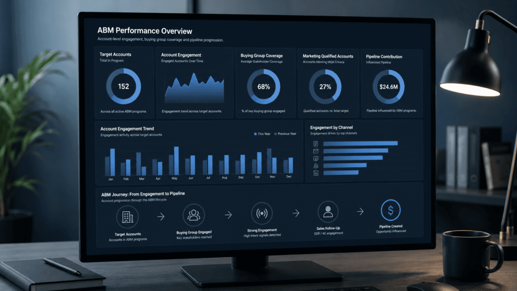 Account-based marketing metrics showing account engagement, buying group coverage and pipeline progression.