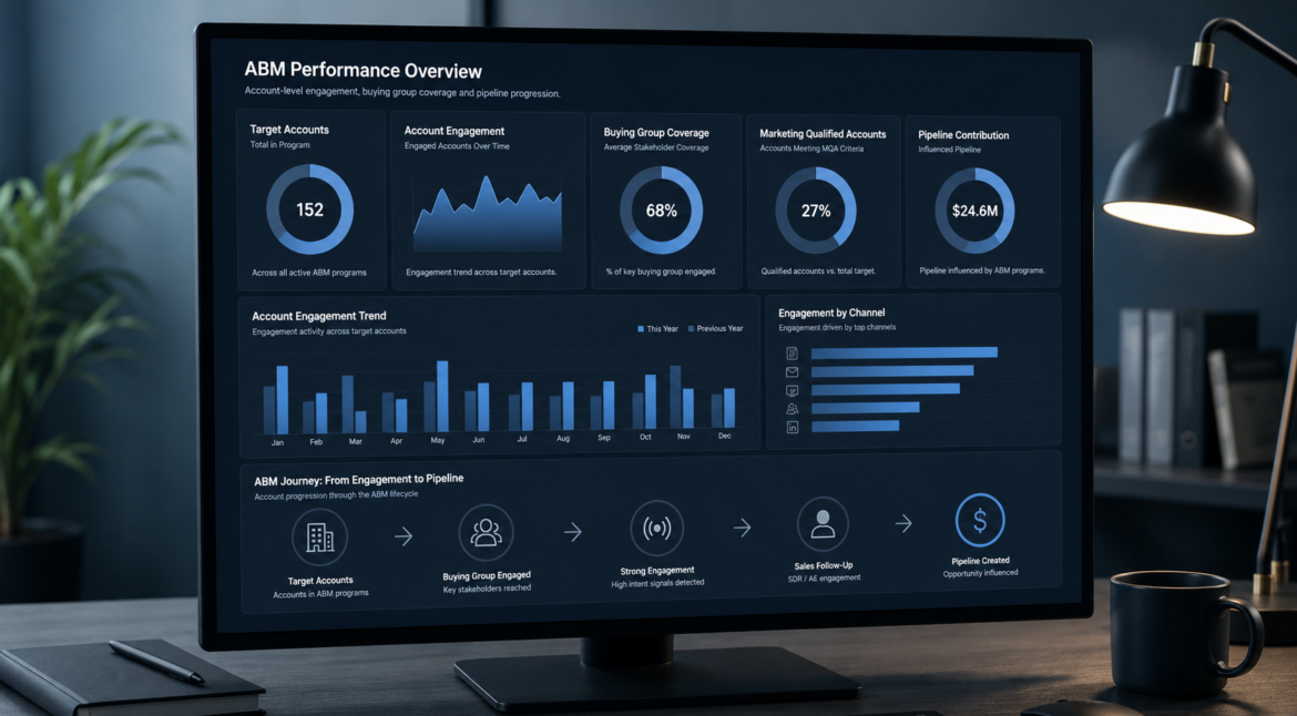 Account-based marketing metrics showing account engagement, buying group coverage and pipeline progression.