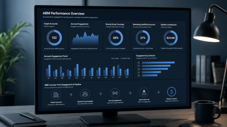 Account-based marketing metrics showing account engagement, buying group coverage and pipeline progression.