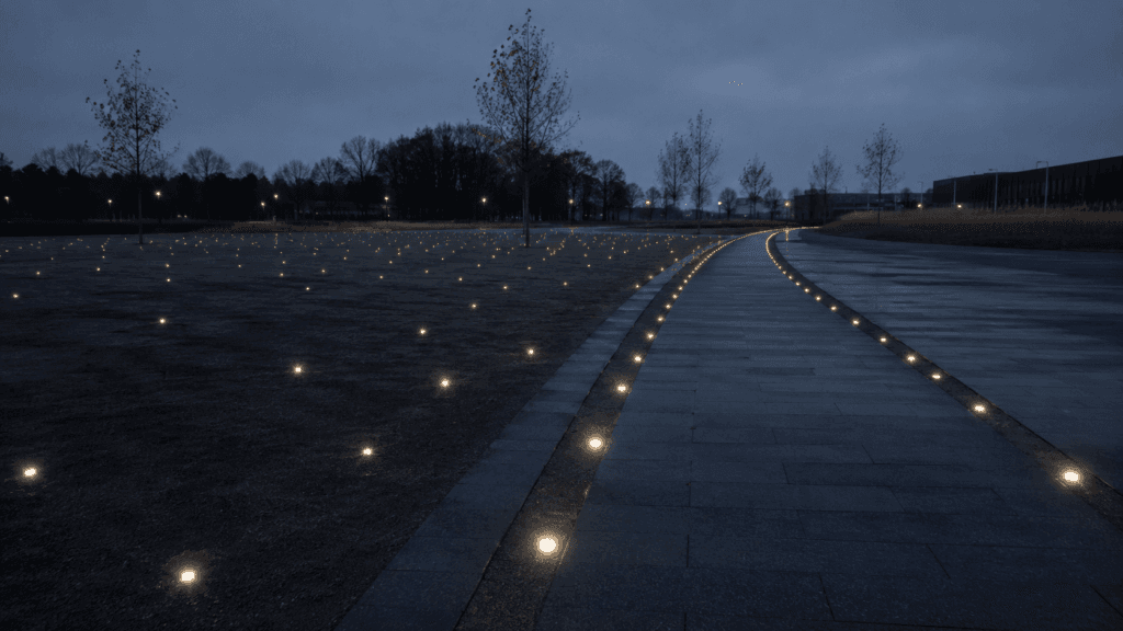 Illuminated road curving through a landscape at dusk