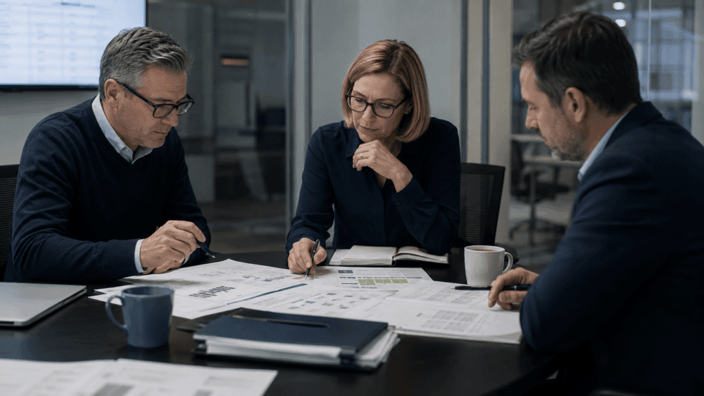 Colleagues reviewing printed plans and reports around a table