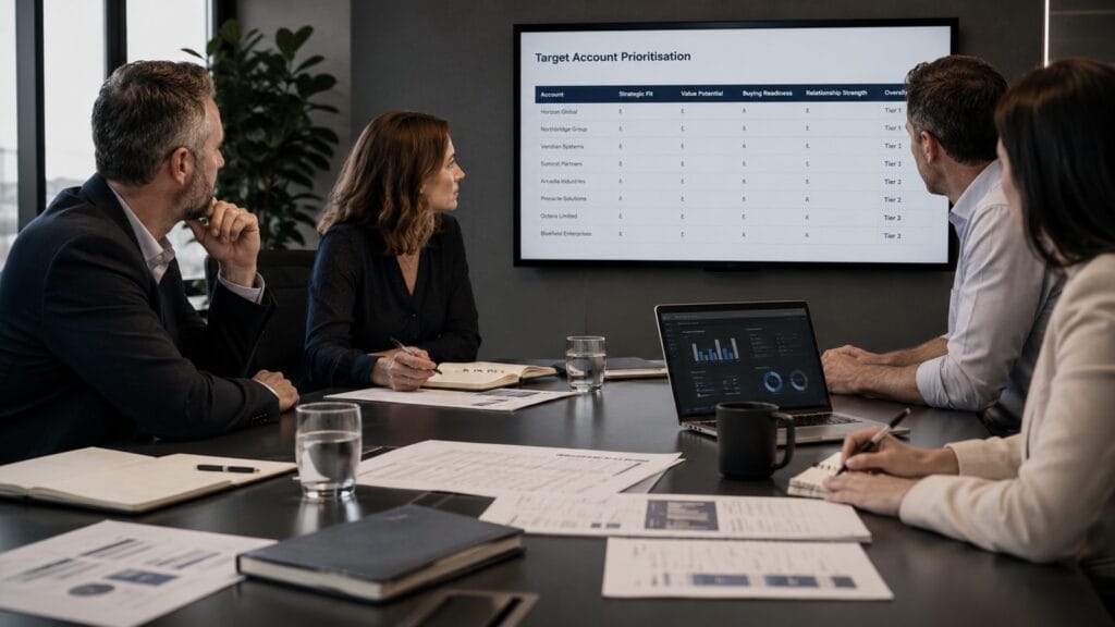 Team reviewing a target-account selection table in a meeting