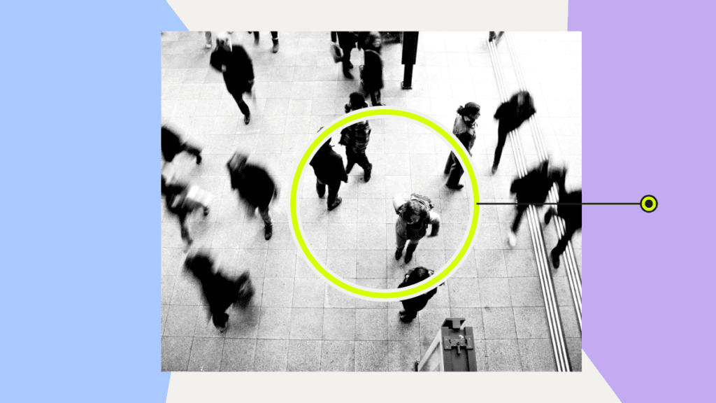People in a concourse with a group highlighted by a coloured circle