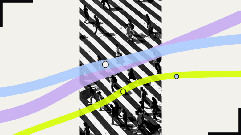 People on a pedestrian crossing with coloured lines linking points