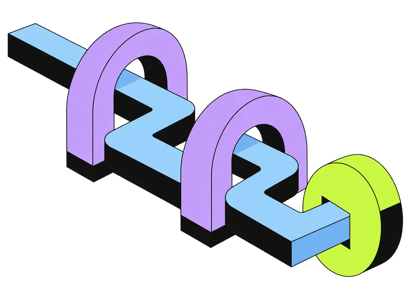 A blue path passing through lavender arches toward a lime ring, illustrating a connected account-based experience.