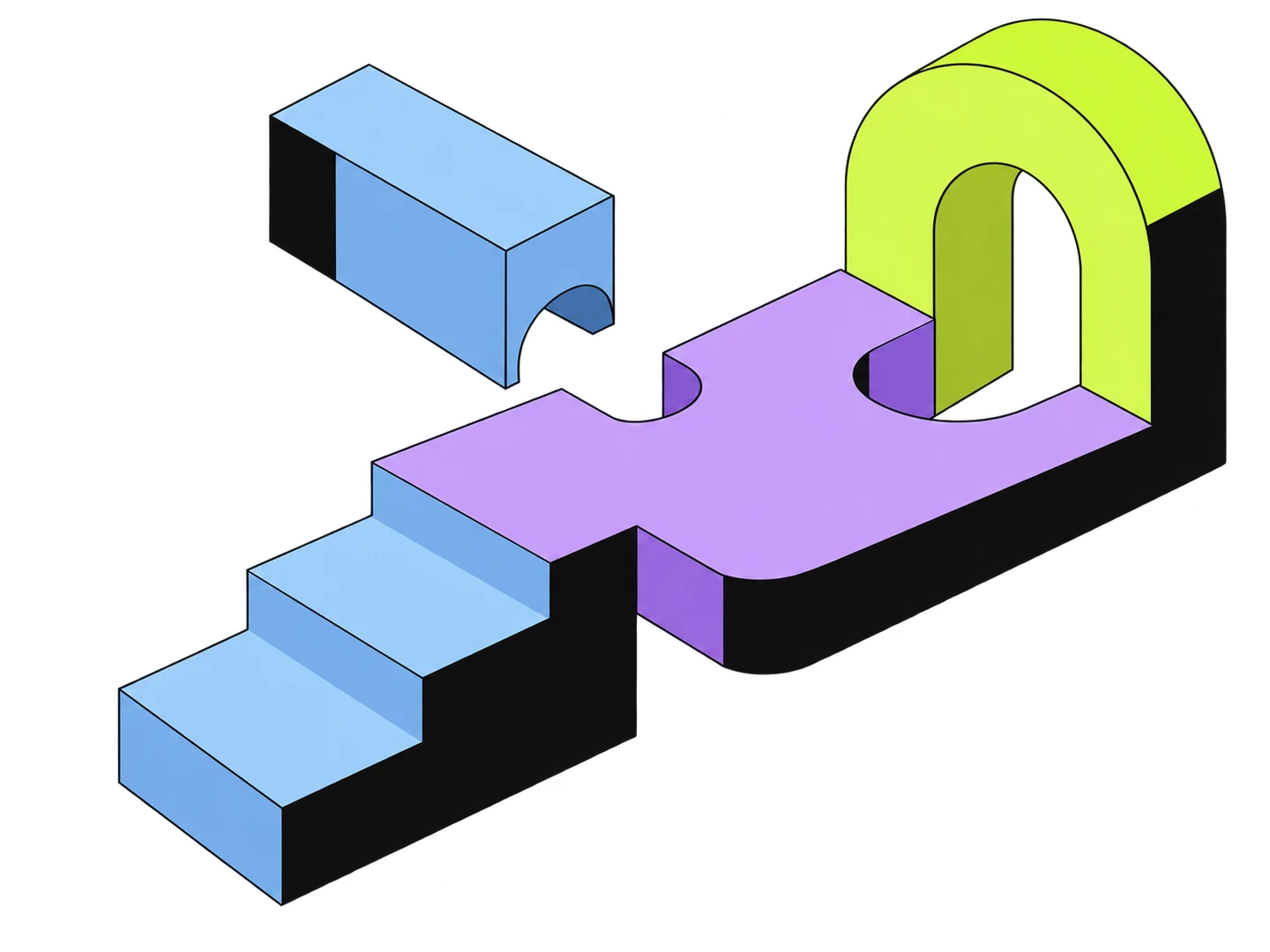 Blue steps leading to a lavender platform and lime arch, illustrating the foundations of an ABM pilot.