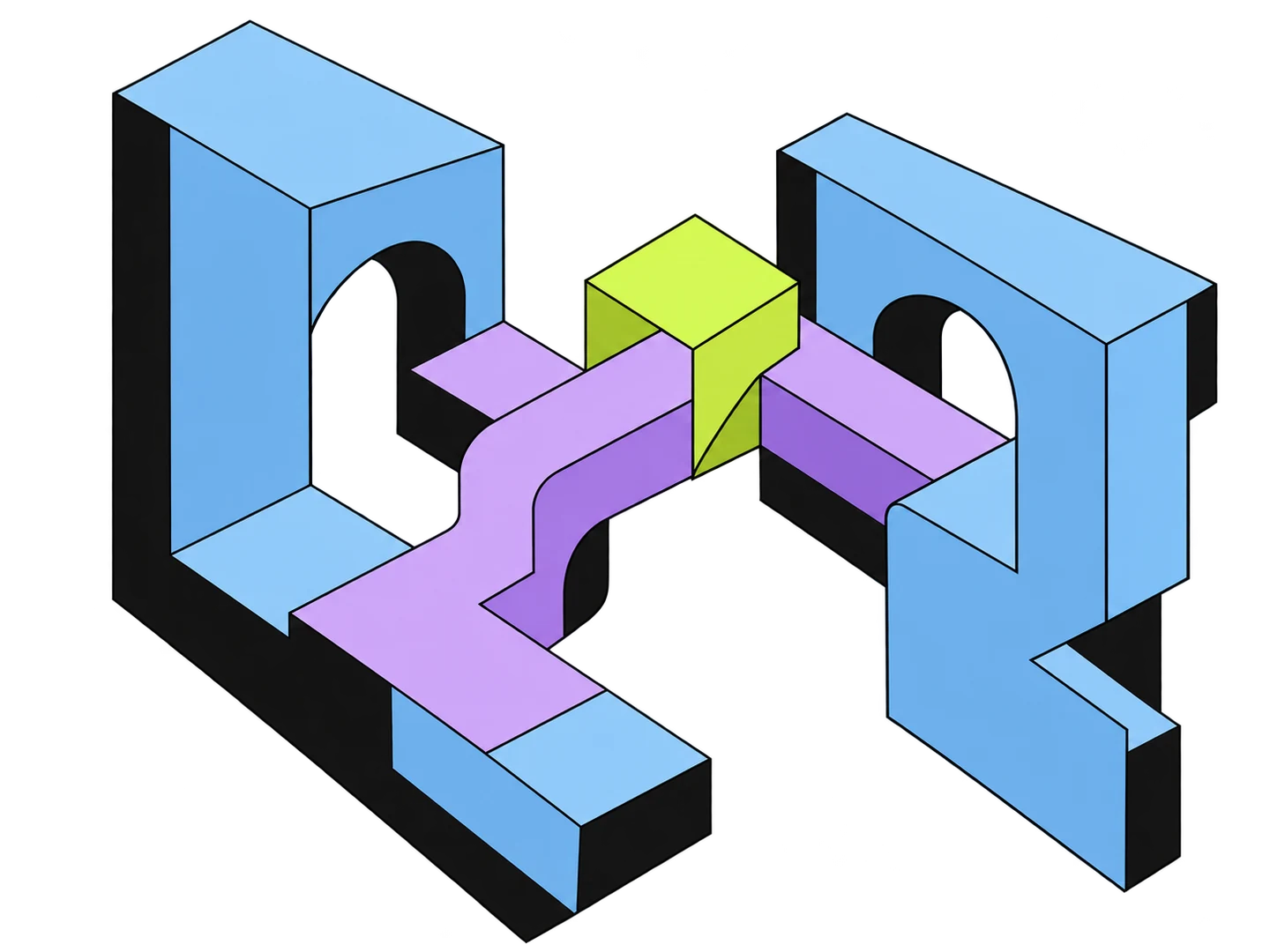 Blue structures connected by a lavender bridge and lime keystone, illustrating account alignment.