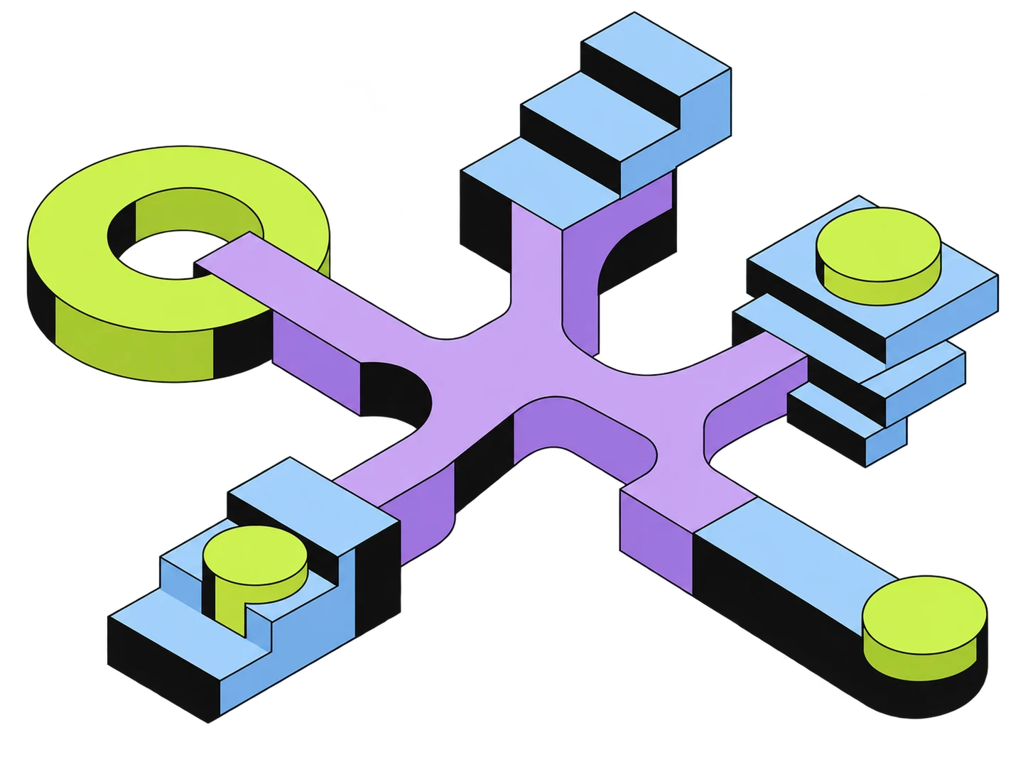 A lavender branching platform connecting blue structures and lime markers, illustrating one-to-many ABM.