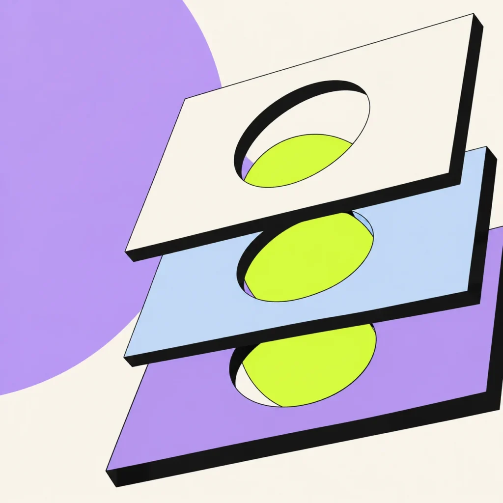 Layered cream, blue and lavender panels with circular openings revealing lime circles