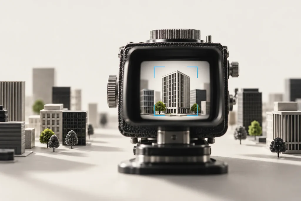 An optical viewfinder focusing on one office building among a group of buildings