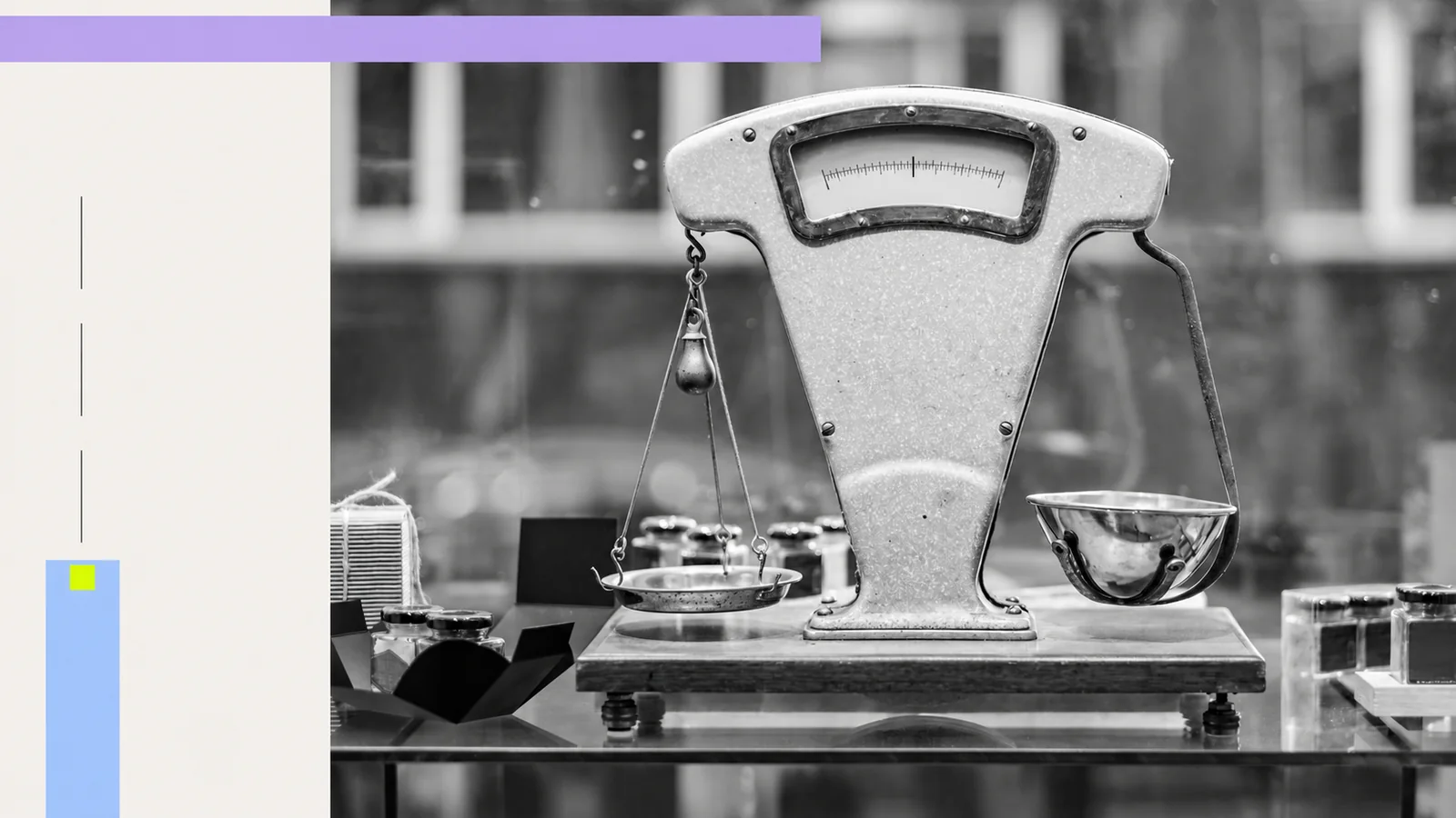 A vintage shop weighing scale with geometric graphic accents.