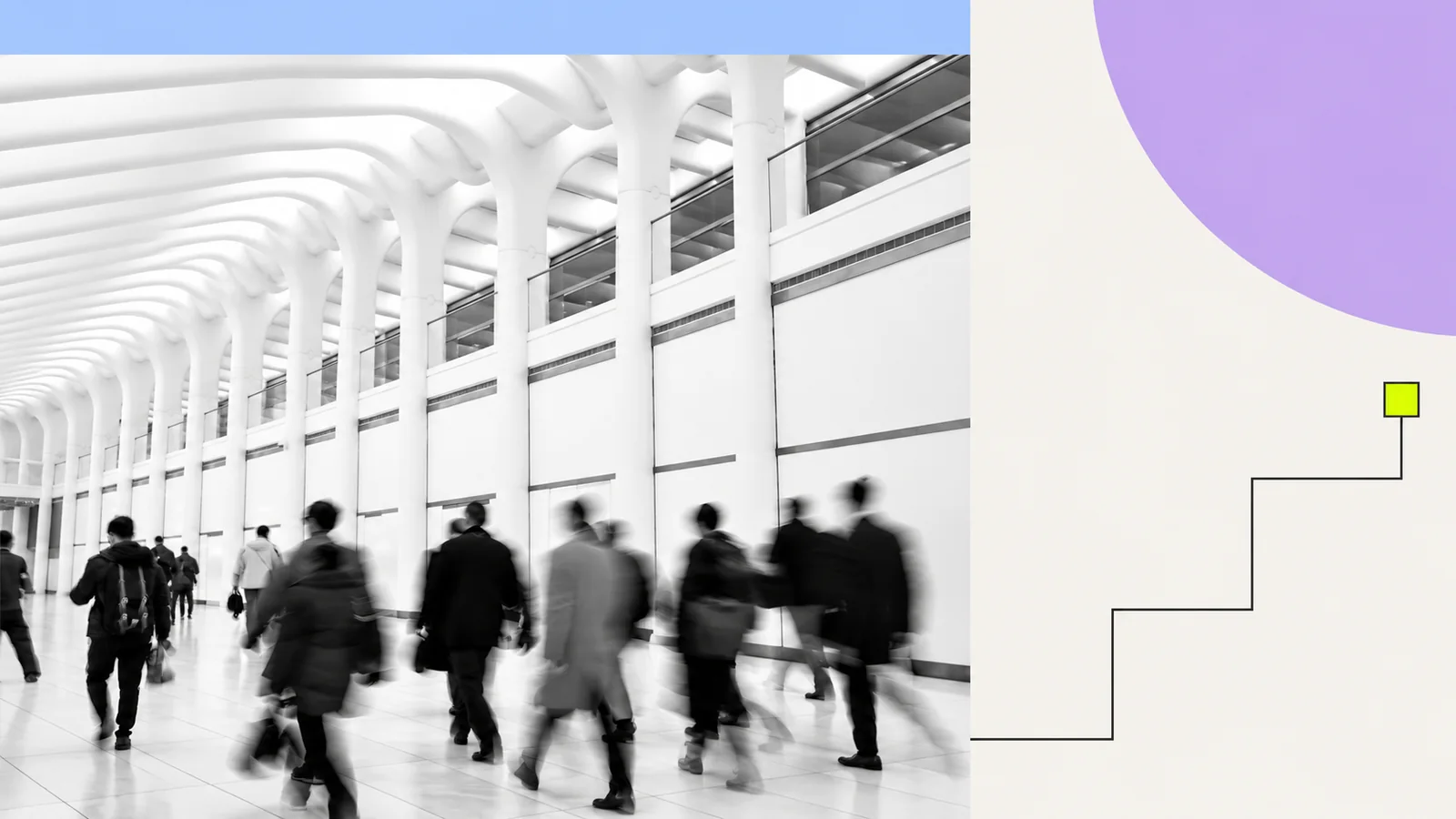 People moving through a spacious architectural hall, framed by pastel geometric shapes.