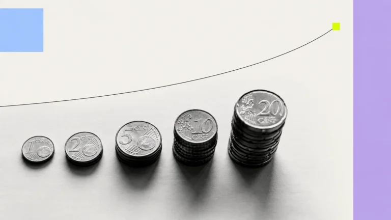 Stacks of euro coins increasing in height beneath a rising curved line, with coloured geometric accents.