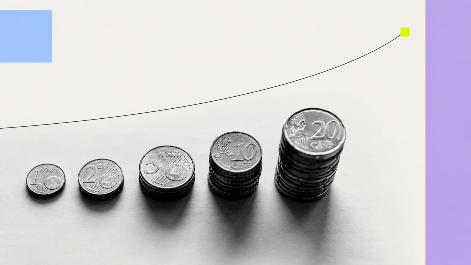 Stacks of euro coins increasing in height beneath a rising curved line, with coloured geometric accents.