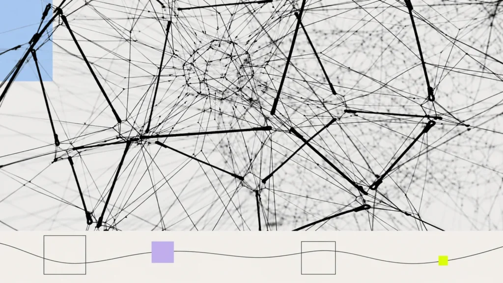 A web of interconnected threads with pastel graphic accents.