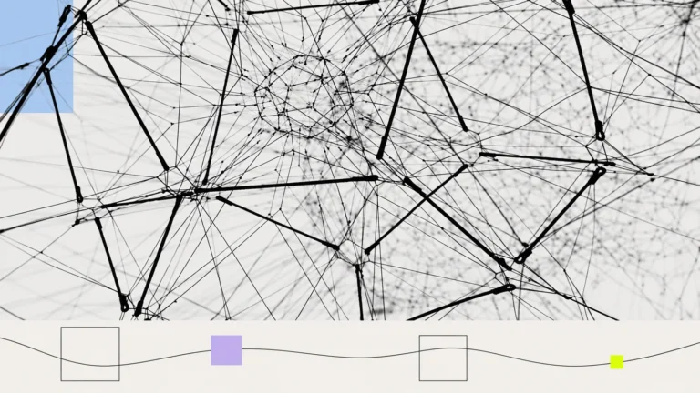 A web of interconnected threads with pastel graphic accents.