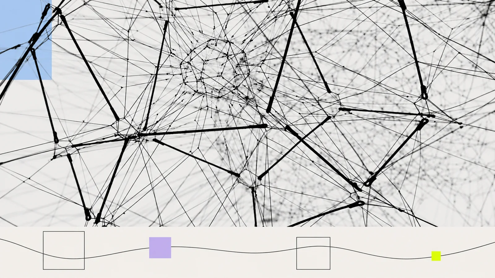 A web of interconnected threads with pastel graphic accents.